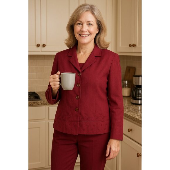 Y2K Laura Scott Petite 10P Red Linen Blend Blazer Jacket 4 Button Embroidered - Picture 1 of 5